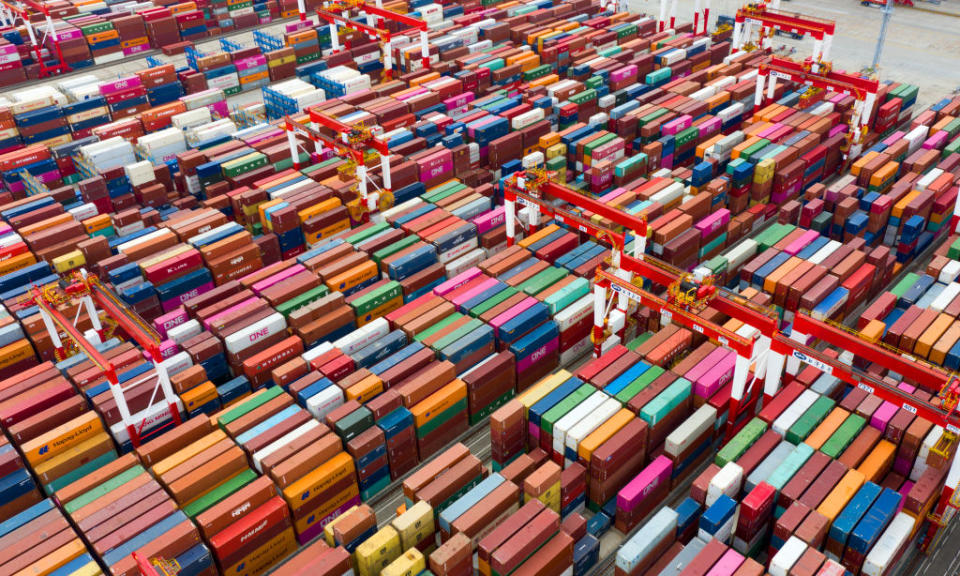 Aerial photography of Yangshan deep water port terminal ships for lifting operations, including many of the world's container ships carrying exhibits for the third China International Fair. Shanghai, China, October 25, 2020.<span class="copyright">Costfoto/Barcroft Media via Getty Images</span>