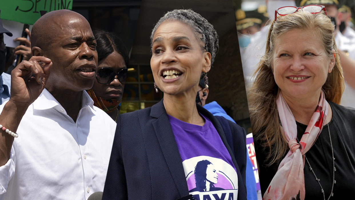 NYC Mayoral candidates Eric Adams, Maya Wiley and Kathryn Garcia. (Photo illustration: Yahoo News; photos: Mark Lennihan/AP, Kathy Willens/AP, Brendan McDermid/Reuters)