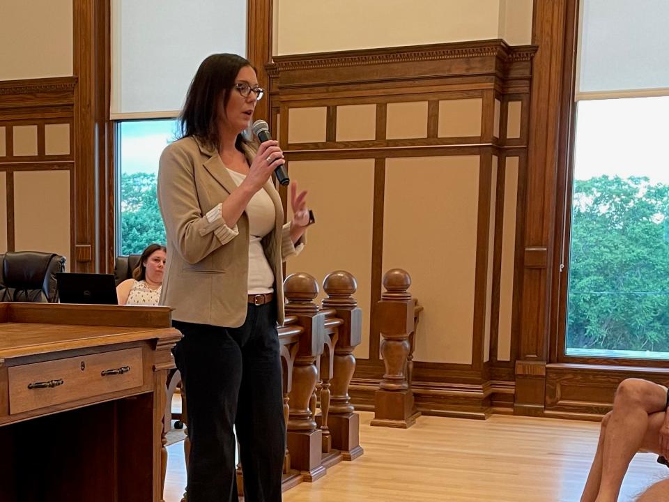 Lenawee County Deputy Administrator Shannon Elliott takes questions from the audience Monday during a presentation on Project Phoenix at the old county courthouse.