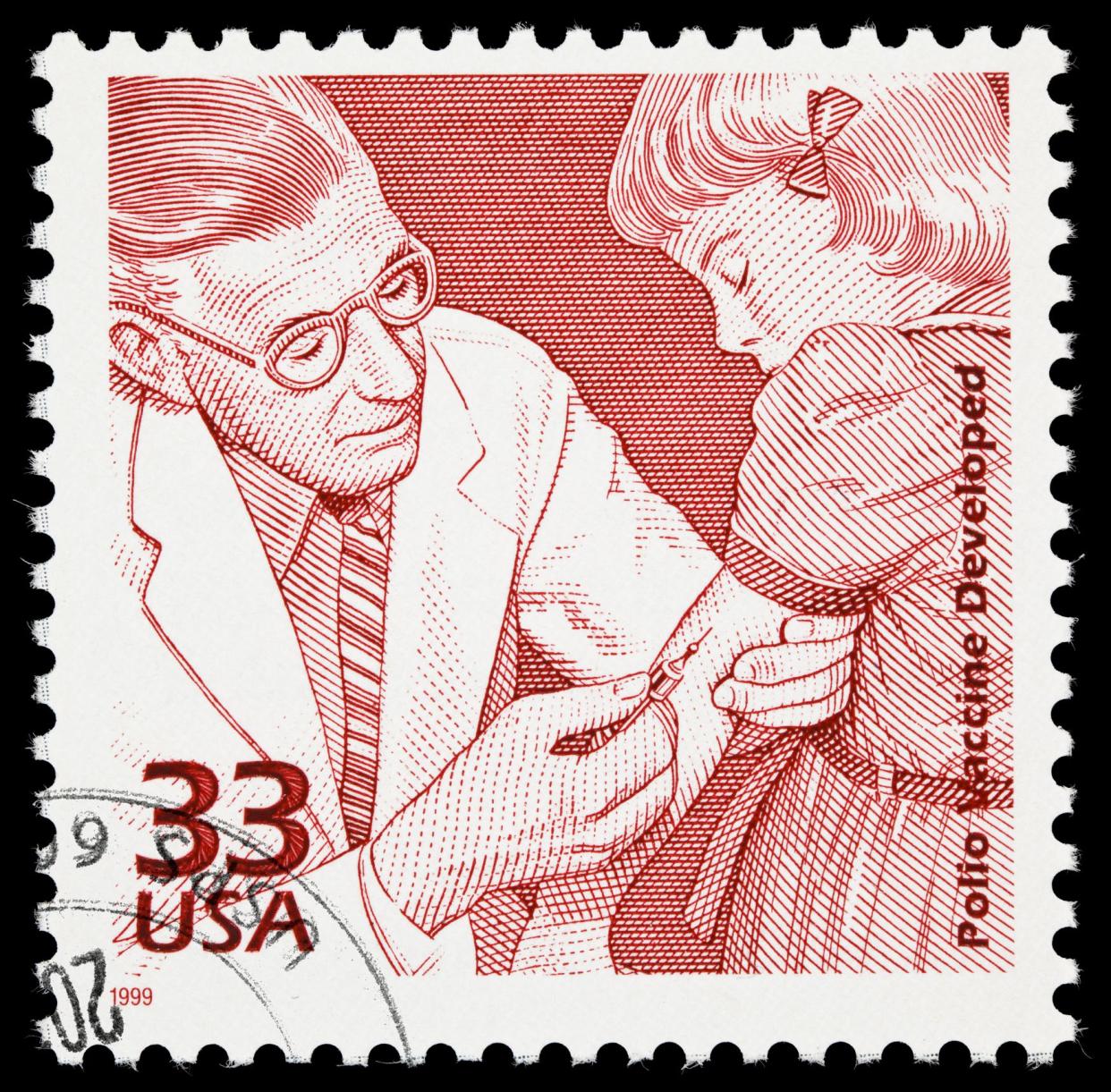 United States postage stamp commemorating the development and 1955 federal approval of the Polio vaccine.