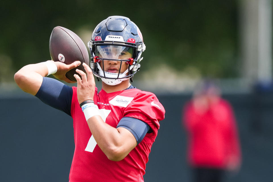 Houston Texans quarterback C.J Stroud throws during the first day of rookie mini camp on May 12. (Alex Bierens de Haan/Getty Images)