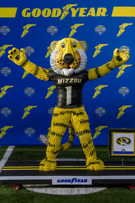Ahead of the 88th Goodyear Cotton Bowl Classic, Goodyear continues its tradition of creating life-size tire sculptures of the participating teams’ mascots. At more than six feet tall and 200 pounds, the life-sized University of Missouri’s Truman the Tiger tire art sculpture is seen on Tuesday, Dec. 26, 2023 in Arlington, Texas. Mizzou will compete against Ohio State in the Goodyear Cotton Bowl Classic on Friday, Dec. 29. (Brandon Wade/AP Images for Goodyear)