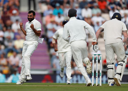 Cricket - England v India - Fourth Test - Ageas Bowl, West End, Britain - August 30, 2018 India's Mohammed Shami celebrates the wicket of England's Ben Stokes Action Images via Reuters/Paul Childs