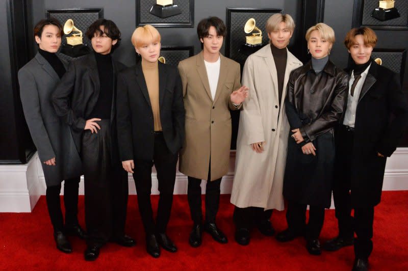 From left to right, Jung-kook, V, Suga, Jin, RM, Jimin, and J-Hope, of BTS, arrive for the Grammy Awards held at Staples Center in Los Angeles in 2020. File Photo by Jim Ruymen/UPI