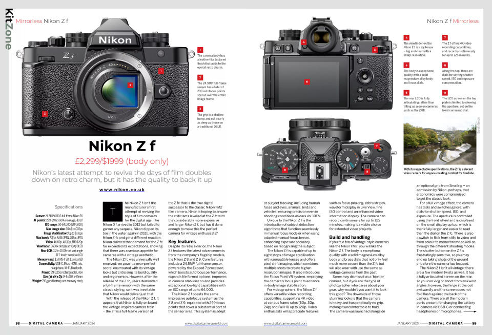 Opening spread of Nikon Z f camera review in Digital Camera magazine issue 276