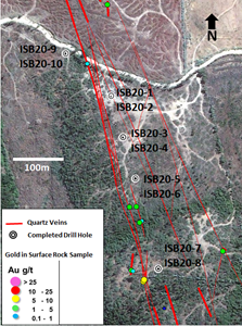 Location of Isabella drill holes 1 through 10 Target A.