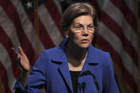 Democratic presidential candidate Sen. Elizabeth Warren, D-Mass., gestures during her address at the New Hampshire Institute of Politics in Manchester, N.H., Thursday, Dec. 12, 2019.(AP Photo/Charles Krupa)