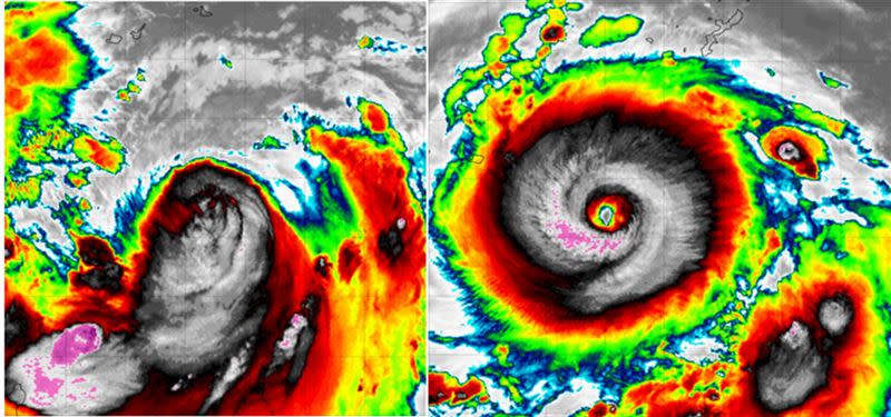 今日4時紅外線色調強化雲圖（左圖）顯示，強颱軒嵐諾颱風眼已不若昨日4時清淅（右圖）。(圖／擷自tropical tidbits)