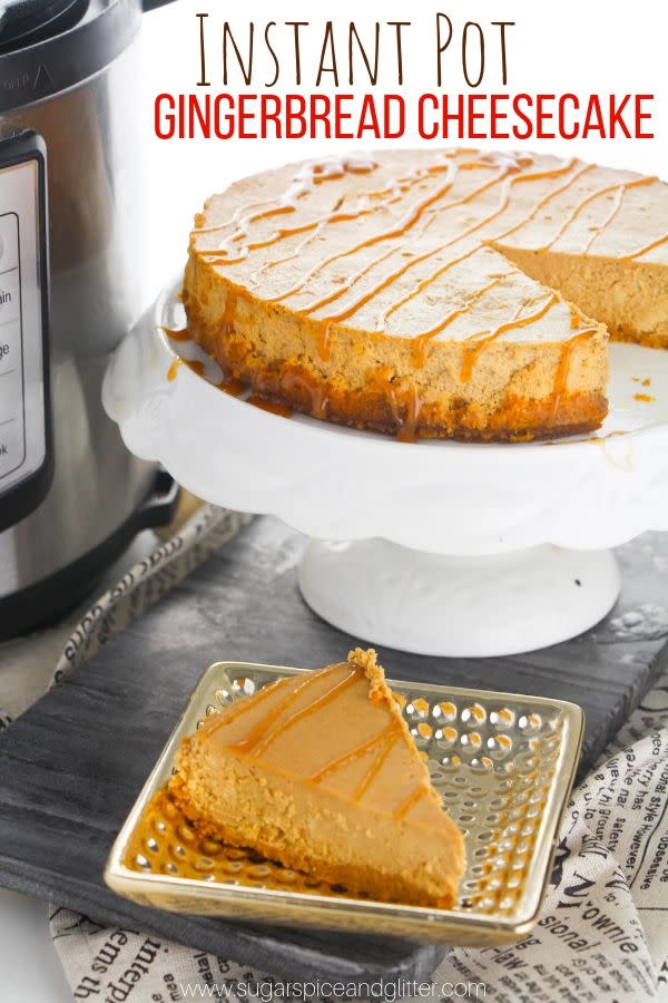 <p>If you like gingerbread, you'll be instantly obsessed with this recipe that calls for cream cheese, ginger powder, and cinnamon (and crushed ginger cookies for the crust!). </p><p> <em><a href="https://sugarspiceandglitter.com/instant-pot-gingerbread-cheesecake/" rel="nofollow noopener" target="_blank" data-ylk="slk:Get the recipe from Sugar, Spice, and Glitter »" class="link ">Get the recipe from Sugar, Spice, and Glitter »</a></em> </p>