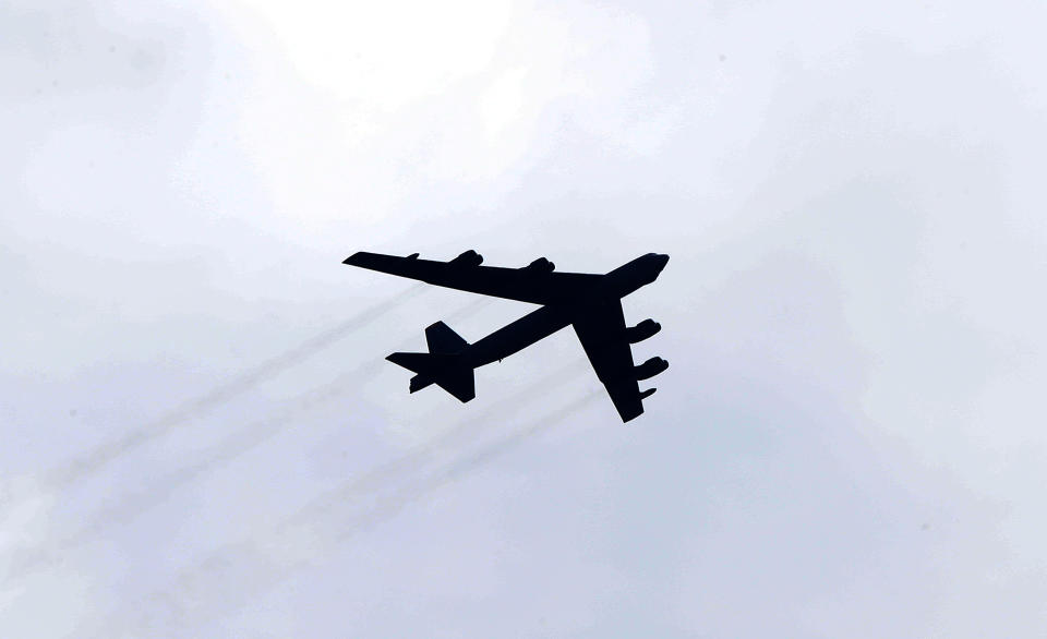 U.S. Air Force B-52 Stratofortress aircraft flies over North Macedonia's capital Skopje, on Monday, Aug. 22, 2022. Two U.S. Air Force B-52 Stratofortress aircraft assigned to the 23rd Bomb Squadron currently operating out of RAF Fairford, United Kingdom, conducted low approach flyovers on Monday over Southeastern Europe, including North Macedonia, Albania, Montenegro and Croatia. The purpose of each flyover is to demonstrate U.S. commitment and assurance to NATO Allies and partners located in Southeastern Europe. (AP Photo/Boris Grdanoski)