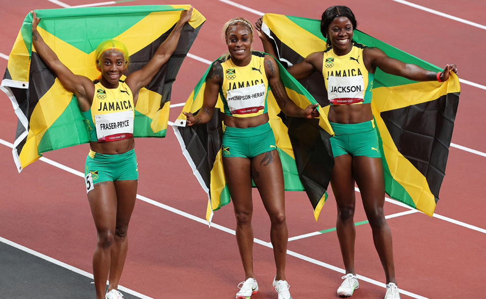 Shelly-Ann Fraser-Pryce, Elaine Thompson-Herah and Shericka Jackson at the Tokyo Olympics.