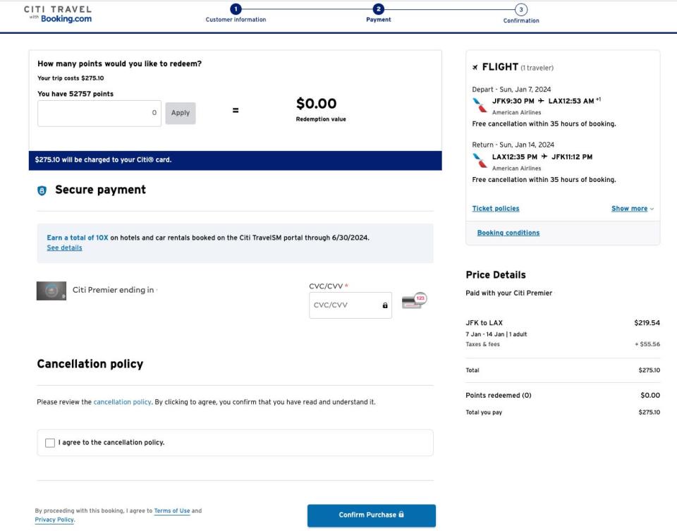 Screenshot of final flight booking screen on Citi Travel Portal.