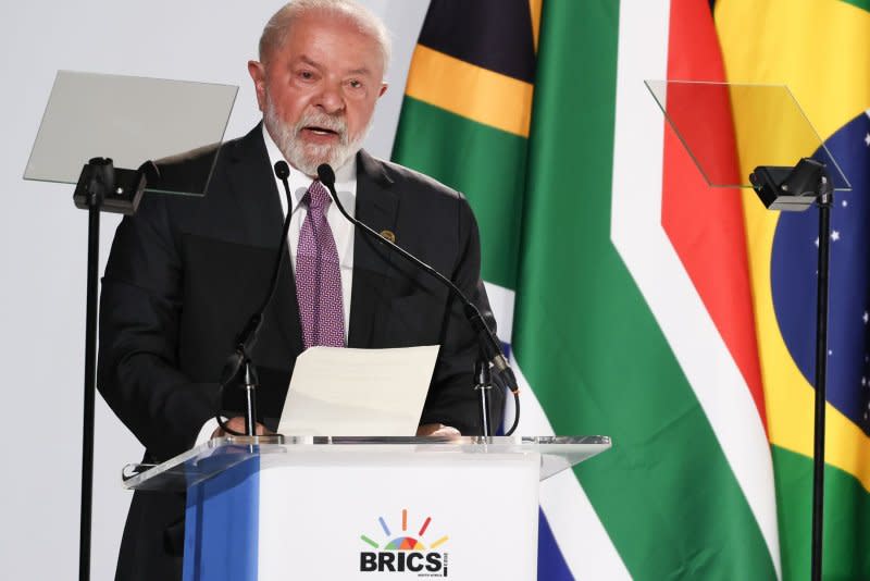 Brazilian President Luiz Inácio Lula da Silva addresses attendees of the BRICS summit on Tuesday in Johannesburg, South Africa. Photo by Jemal Countess/UPI
