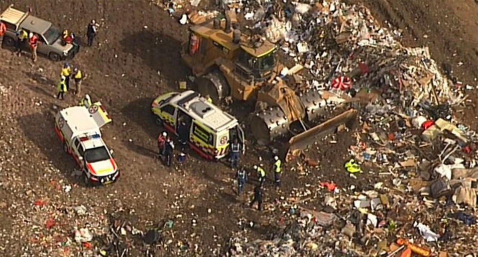 An aerial image of ambulances at the Eastern Creek tip. Source: 9News