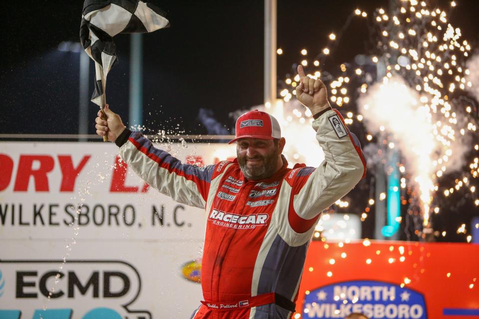 Bubba Pollard celebrates in Victory Lane after winning the ASA STARS National Tour ECMD 150 at North Wilkesboro Speedway on May 17, 2023. (Adam Fenwick/NASCAR)