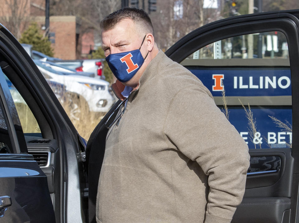 FILE - In this Dec. 20, 2020, file photo, Illinois' new football coach Bret Bielema and his family were introduced to the media outside the Smith Center on UI campus in Champaign, Ill. on Sunday, Dec. 20 , 2020. Bielema saw a unique opportunity to accelerate a turnaround at Illinois when he returned to college football as head coach of the Illini in December. (Robin Scholz/The News-Gazette via AP, File)