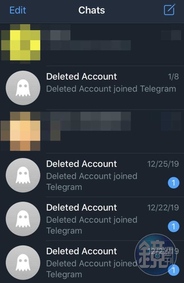 2020 年，不少港人刪除通訊軟體帳號。圖為記者手機上的 Telegram 聯絡人和受訪者，今年先後消失。