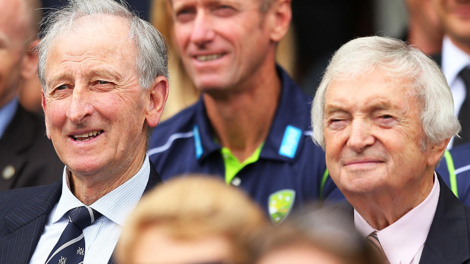 Bill Lawry and Richie Benaud, pictured here at a memorial service for Tony Greig in 2013.