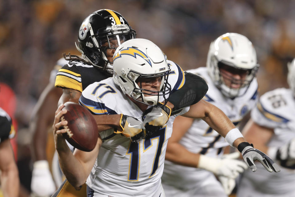 Pittsburgh Steelers strong safety Terrell Edmunds (34), left, sacks Los Angeles Chargers quarterback Philip Rivers (17) in the first half of an NFL football game, Sunday, Dec. 2, 2018, in Pittsburgh. (AP Photo/Don Wright)