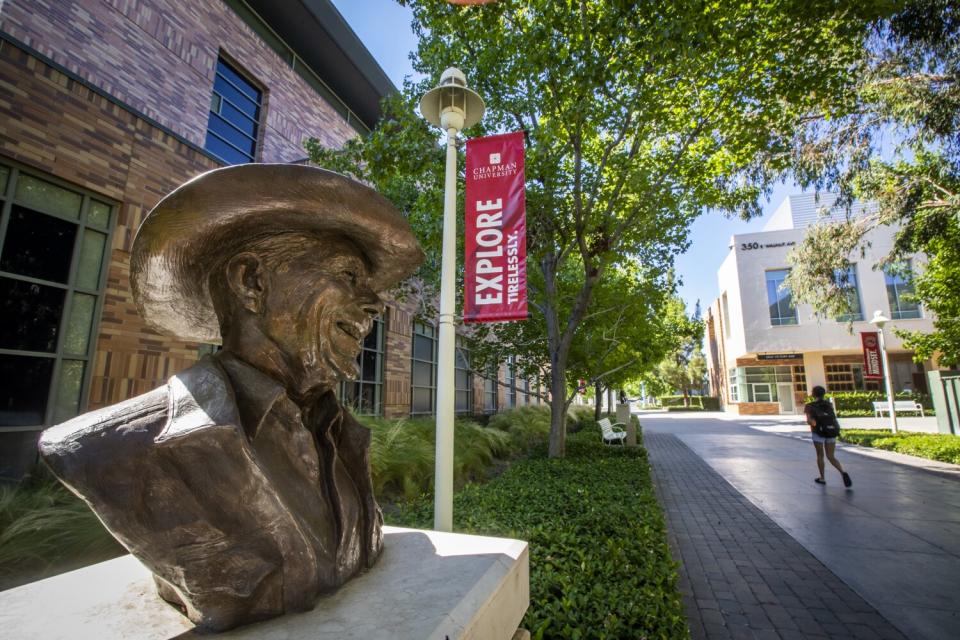 A bronze bust of President Ronald Reagan on the Chapman University campus in Orange