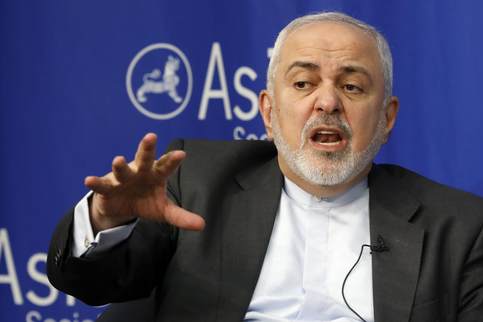 Iran's Foreign Minister Mohammad Javad Zarif speaks at the Asia Society in New York, Wednesday, April 24, 2019. (AP Photo/Richard Drew)