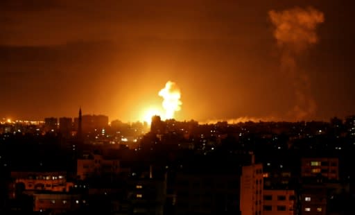 A fireball rises over Gaza City following an Israeli air stike on October 27, 2018, one of around 90 carried out in response to the most extensive rocket fire against Israel in months