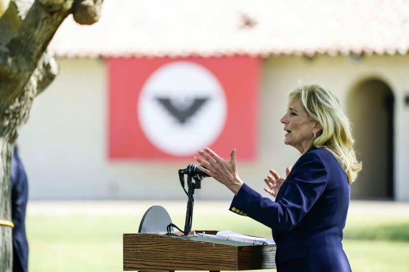 DELANO, CA - MARCH 31: First Lady Dr. Jill Biden participates in a Day of Action at The Forty Acres with the Cesar Chavez Foundation, United Farm Workers, and the UFW Foundation on Wednesday, March 31, 2021 in Delano, CA. (Kent Nishimura / Los Angeles Times)