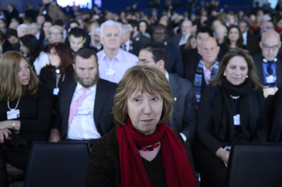 Catherine Ashton, High Representative of the European Union for Foreign and Security Policy listens at a panel session on the second day of the 44t. Annual Meeting of the World Economic Forum, WEF, in Davos, Switzerland, Thursday, Jan. 23, 2014. (AP Photo/Keystone,Laurent Gillieron)