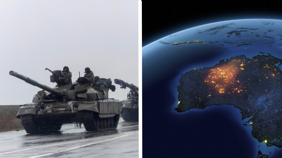 Two tanks in Ukraine and map of Australia.