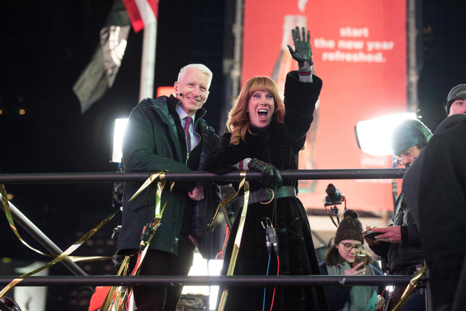 NEW YORK, NY - DECEMBER 31:  (L-R) Anderson Cooper and Kathy Griffin host 'New Year's Eve Live' on CNN during New Year's Eve 2017 in Times Square on December 31, 2016 in New York City.  (Photo by Noam Galai/FilmMagic)