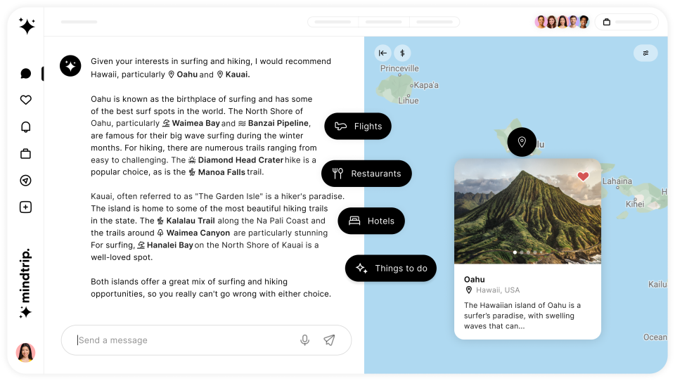 Mindtrip helps travelers plan and book customized trips using artificial intelligence.