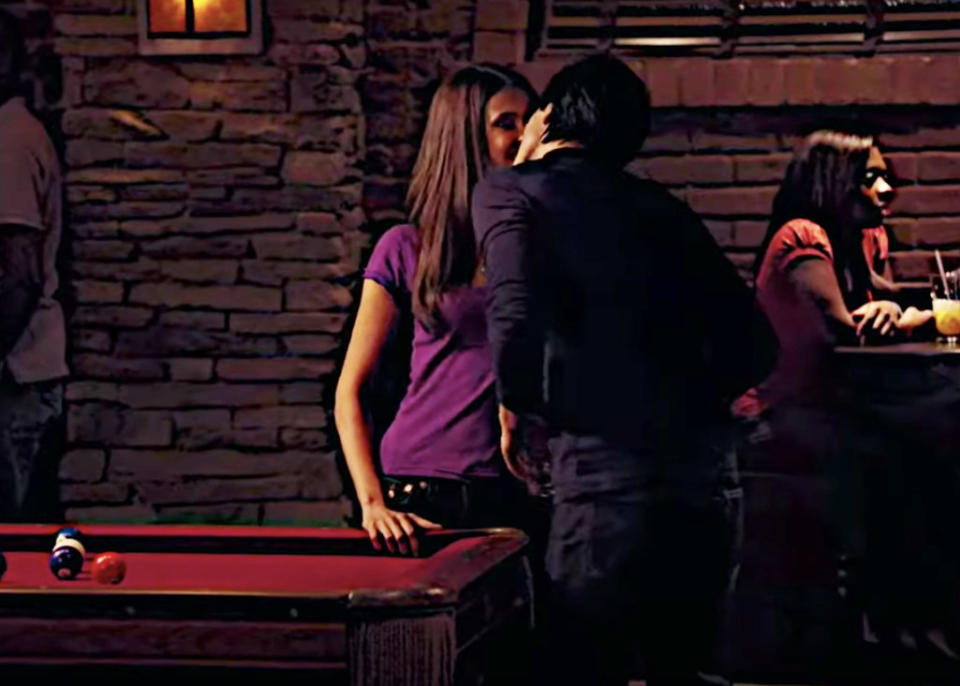 elena and damon kissing by a pool table