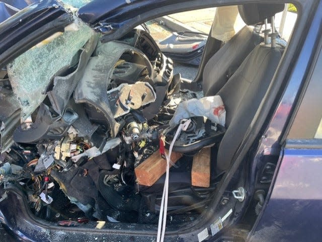 The interior of a car after Ventura City firefighters conducted extensive extrication Saturday to pull out the driver.