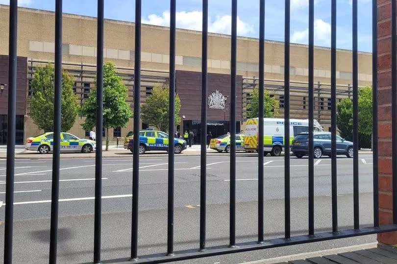 Police outside Loughborough Magistrates' Court this morning