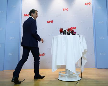 Head of the Social Democratic Party SPOe Christian Kern arrives for a media statement in Vienna, Austria, September 18, 2018. REUTERS/Lisi Niesner