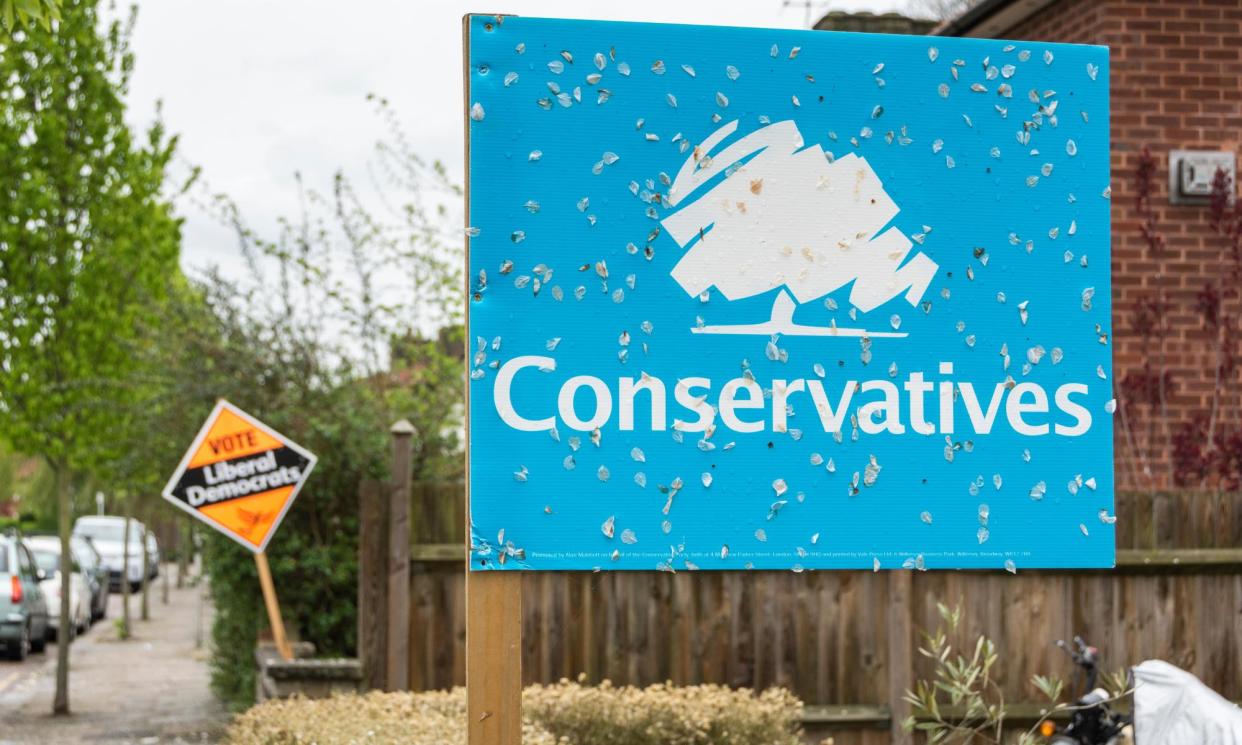 <span>Lib Dem and Conservative banners in Barnes, London, in April 2018. Labour activists have been advised to ignore Lib Dem targets in the capital’s south-west.</span><span>Photograph: Benjamin John/Alamy</span>