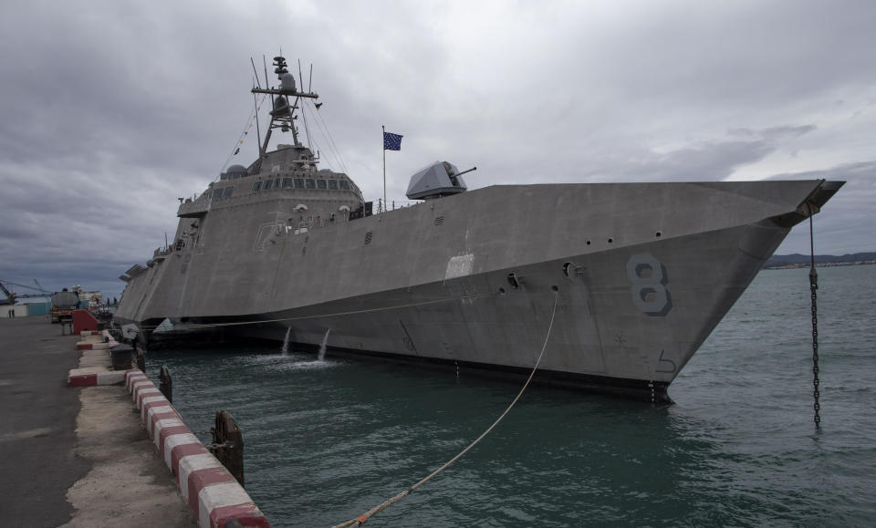 The USS Montgomery, one of the ships that will participate in Association of Southeast Asian Nations, ASEAN-U.S. Maritime Exercise is docked in Sattahip, Thailand, Monday, Sep. 2, 2019. (AP Photo/Gemunu Amarasinghe)