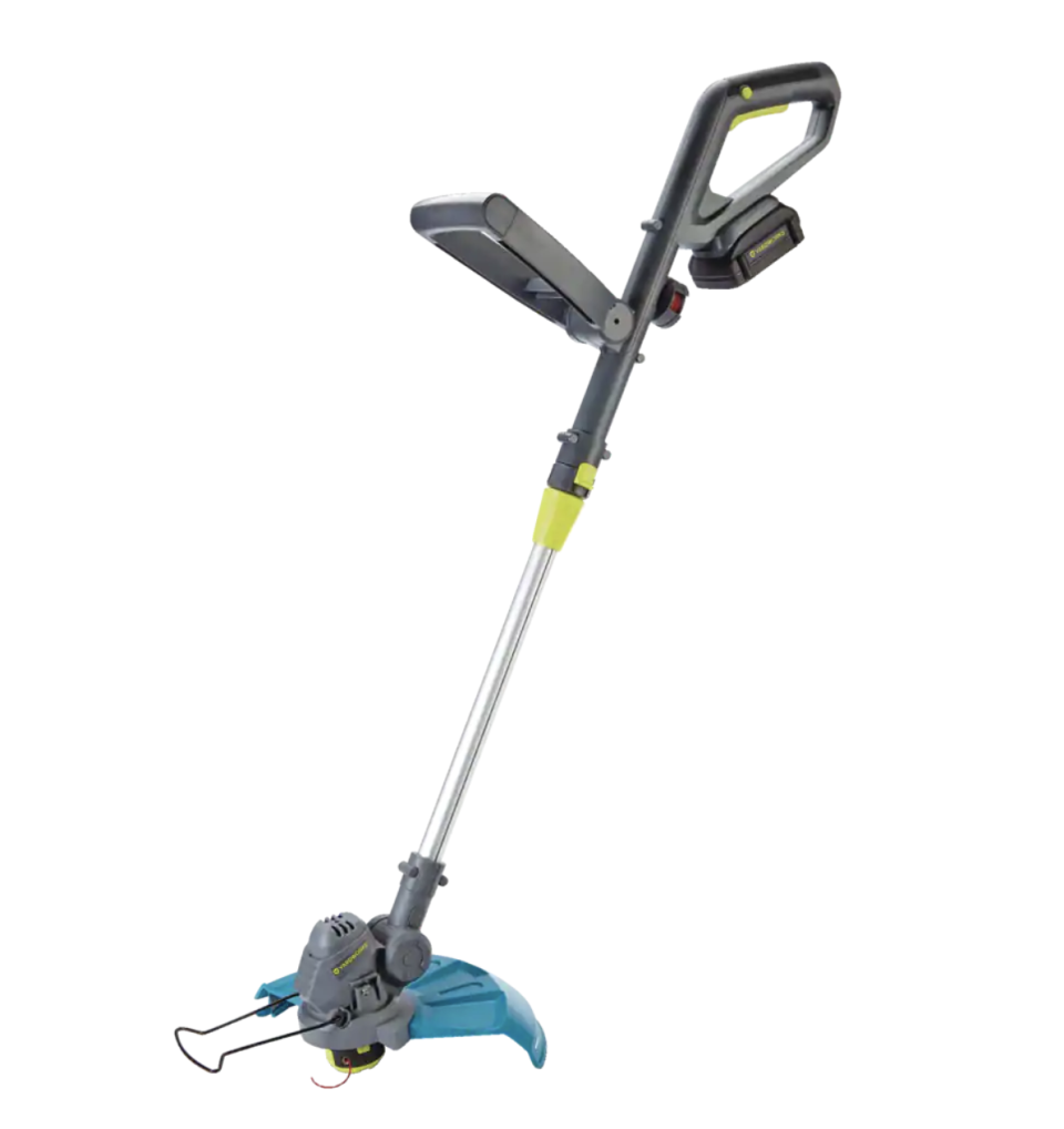 This telescopic grass trimmer from Yardworks runs on a 20V battery. (Photo via Canadian Tire)