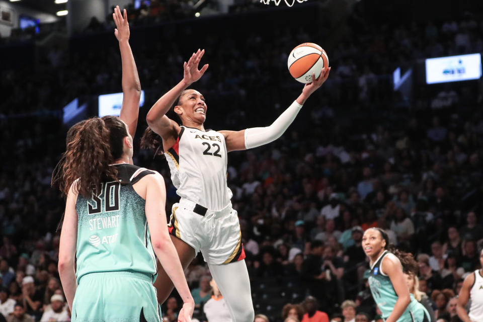 Las Vegas Aces forward A'ja Wilson drives to the basket in the third quarter against the New York Liberty at Barclays Center in New York on Aug. 6, 2023. (Wendell Cruz/USA TODAY Sports)
