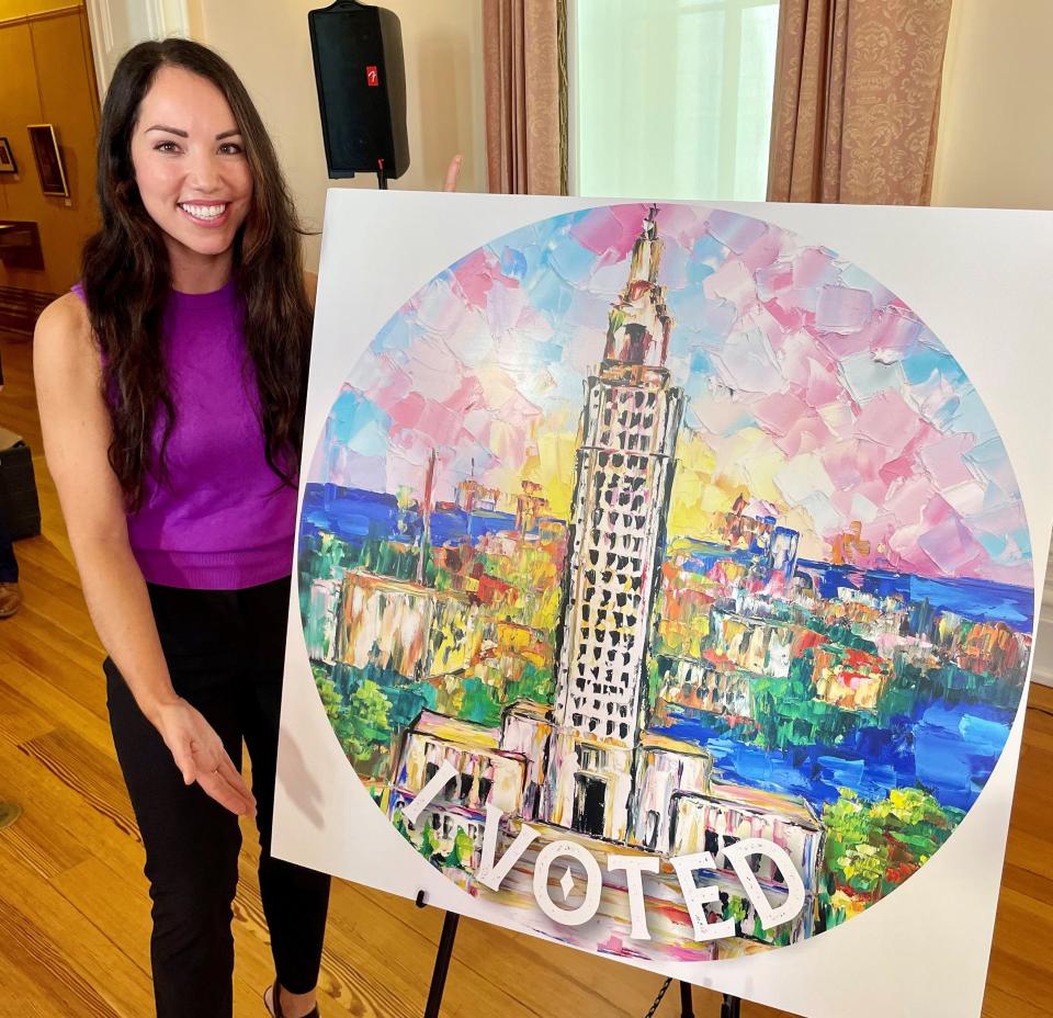 New Orleans artist Becky Fos' "Louisiana State of Mind" painting is the image for the state's new "I voted" sticker. She and Secretary of State Kyle Ardoin unveiled the painting and stickers on Tuesday, Aug. 16, 2022 at a press conference in the Old State Capitol.