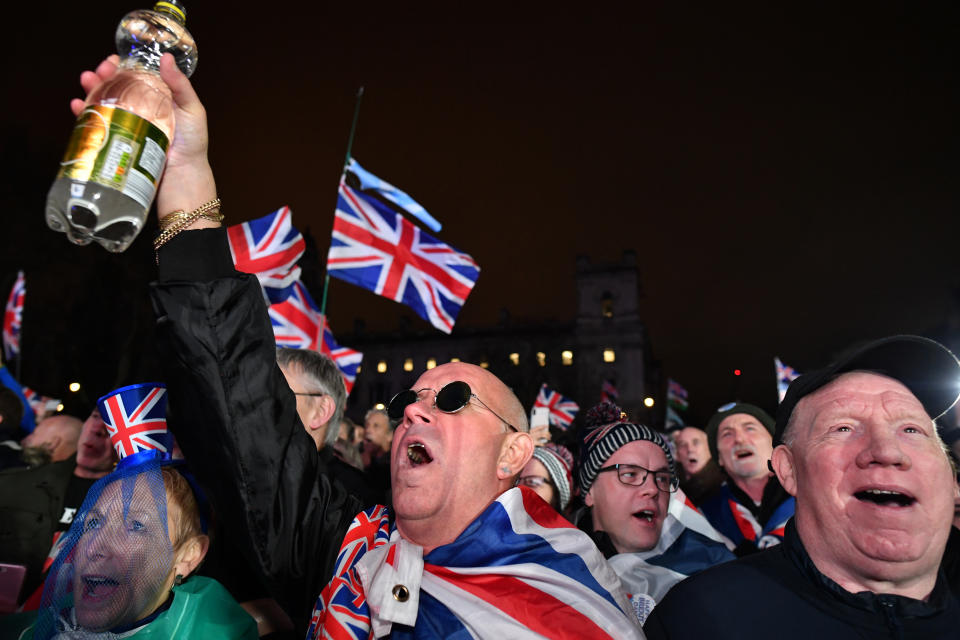 Pro Brexit supporters attend the Brexit Day Celebration Party hosted by Leave Means Leave at Parliament Square