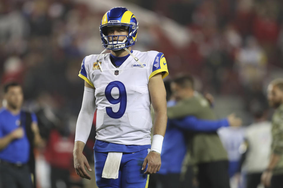 Los Angeles Rams quarterback Matthew Stafford (9) walks off the field after the Rams were defeated by the San Francisco 49ers in an NFL football game in Santa Clara, Calif., Monday, Nov. 15, 2021. (AP Photo/Jed Jacobsohn)
