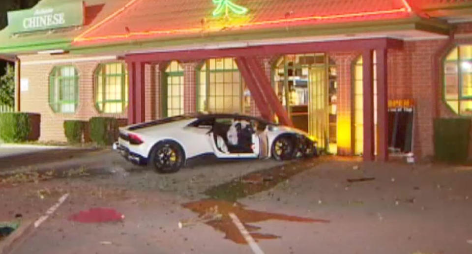 A white Lamborghini is seen smashed into a Chinese restaurant in Glengowrie on Saturday night. It's alleged the driver, 37, lost control of the car, mounted a kerb and smashed into the restaurant. It's further alleged he hit two teenage girls, aged 15. One of them has died.