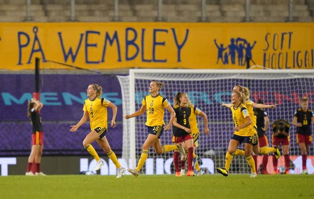 Linda Sembrant, left, and Sweden celebrate their late winner against Belgium