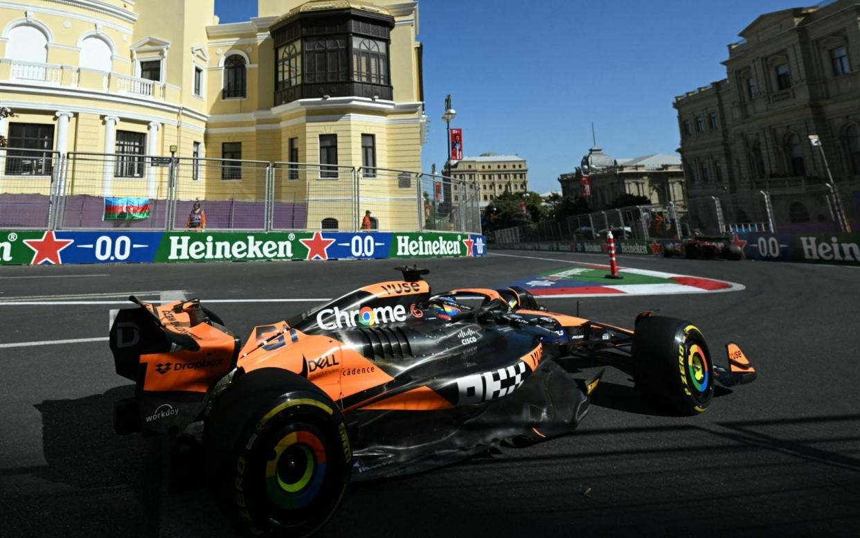 McLaren's Australian driver Oscar Piastri steers his car during the Formula One Azerbaijan Grand Prix at the Baku City Circuit in Baku on September 15, 2024