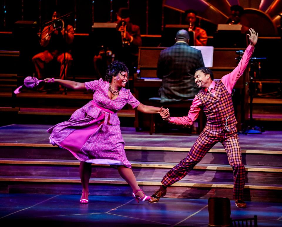 From left, Ashley Tamar Davis and Diva LaMarr dance in Lyric Theatre's production of "Ain't Misbehavin'" at Civic Center Music Hall.