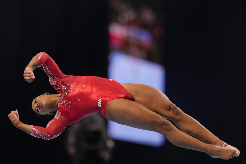 Jordan Chiles competes in the floor exercise during the women's U.S. Olympic Gymnastics Trials Sunday, June 27, 2021, in St. Louis. (AP Photo/Jeff Roberson)