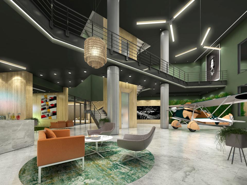Rendering of owners' lounge planned for The Hangar, a luxury storage facility for cars, wine, art and other collectibles.