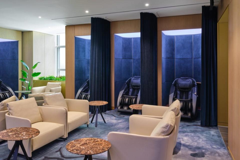 Delta's new lounge includes a wellness area equipped with nine relaxation pods, full-body massage chairs and nap chairs.