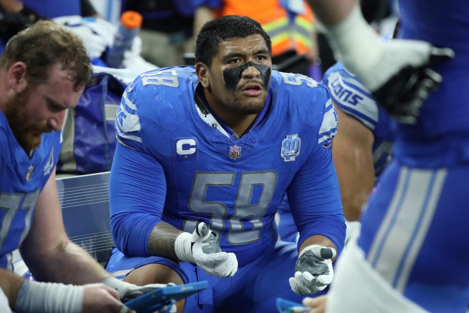 Detroit Lions offensive tackle Penei Sewell (58) on the sidelines during action against the Atlanta Falcons at Ford Field in Detroit on Sunday, Sept. 24, 2023.